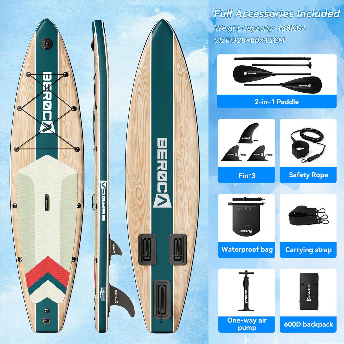 Aufblasbares SUP Board für Erwachsene – Holz-Optik, 7,8 kg, Versand aus Deutschland | Thryvo Fitness