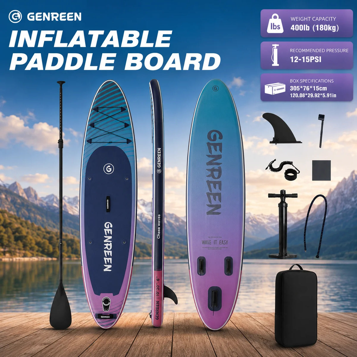 Aufblasbares SUP Board im Farbverlauf-Design 305×76×15 cm – für Frauen & Anfänger, Yoga & Fitness | Thryvo Fitness