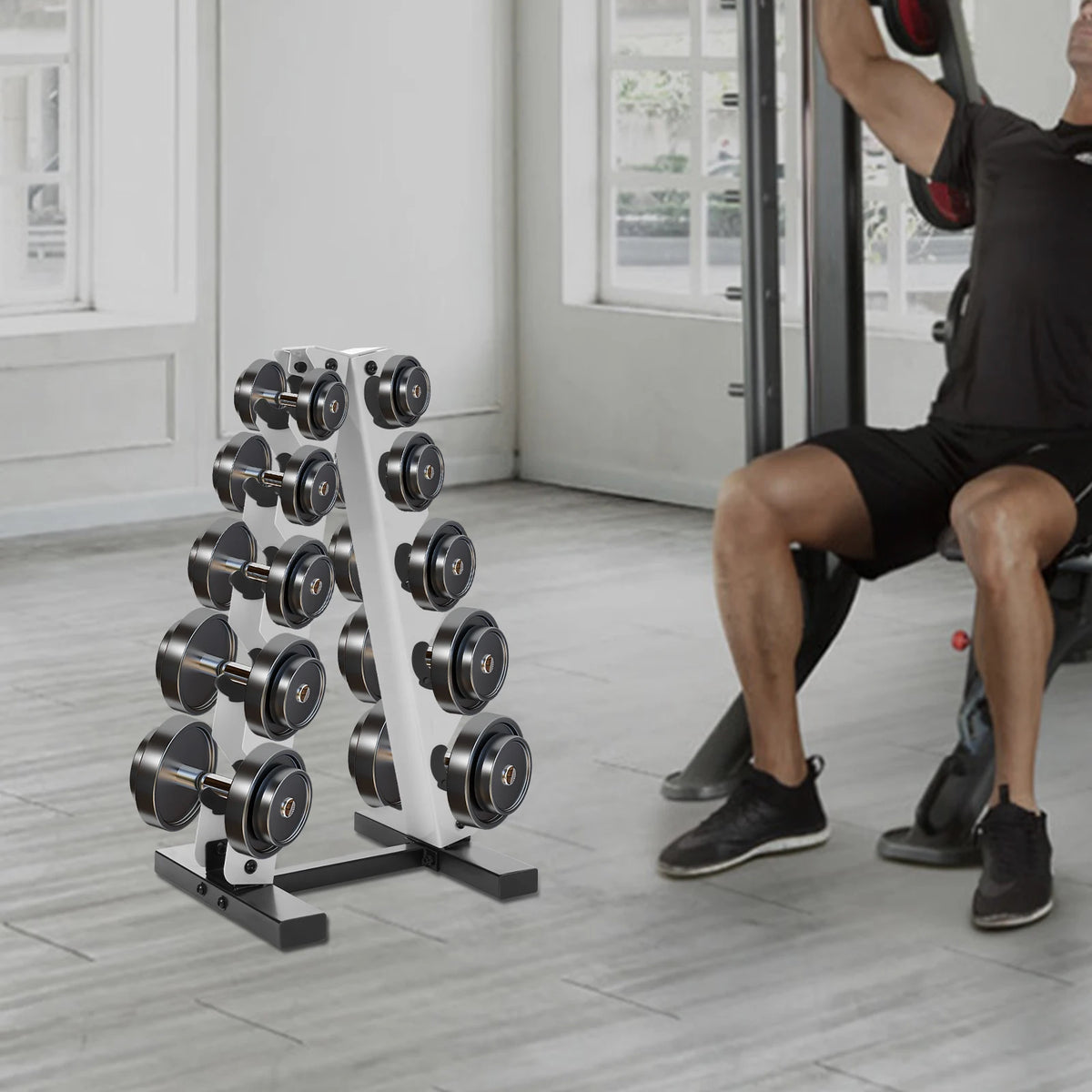 Kurzhantel Ständer 5-stufig – A-Frame Stahlregal für 5 Paare, 100 kg Tragkraft | Thryvo Fitness