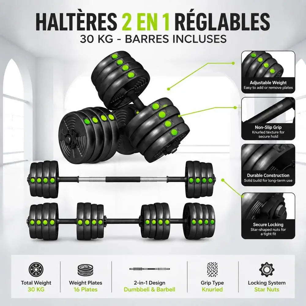 Langhantel Set 30 KG – 2-in-1 Kurzhantel & Langhantel, verstellbar für Home-Gym | Thryvo Fitness