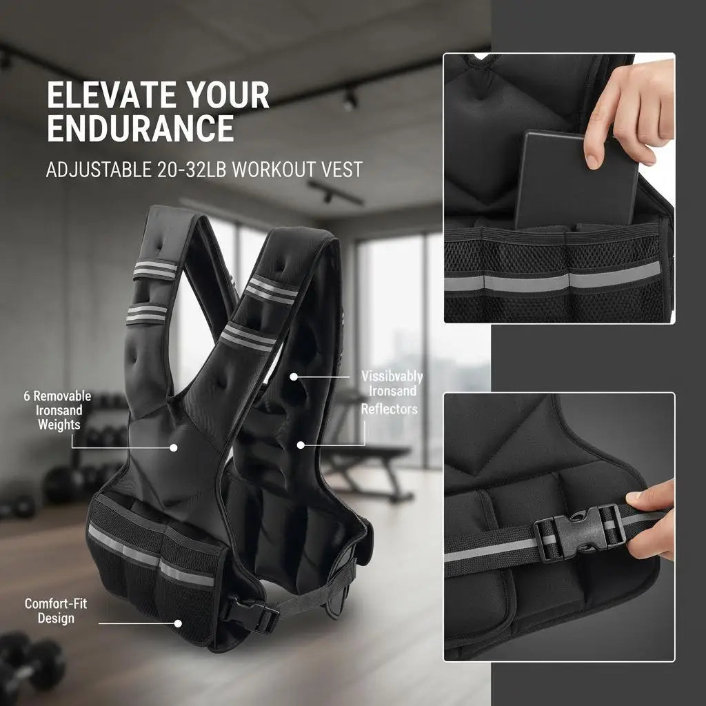 Gewichtsweste verstellbar 9–14,5 kg – Neopren, 6 Eisengranulat-Packs, Reflektor | Thryvo Fitness