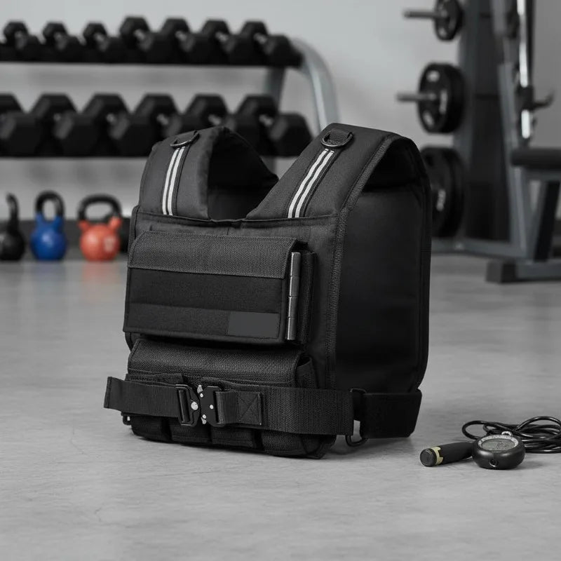 Gewichtsweste verstellbar – 15,85 kg, 16 Eisenblöcke, Schulterpolster & Reflektorstreifen | Thryvo Fitness