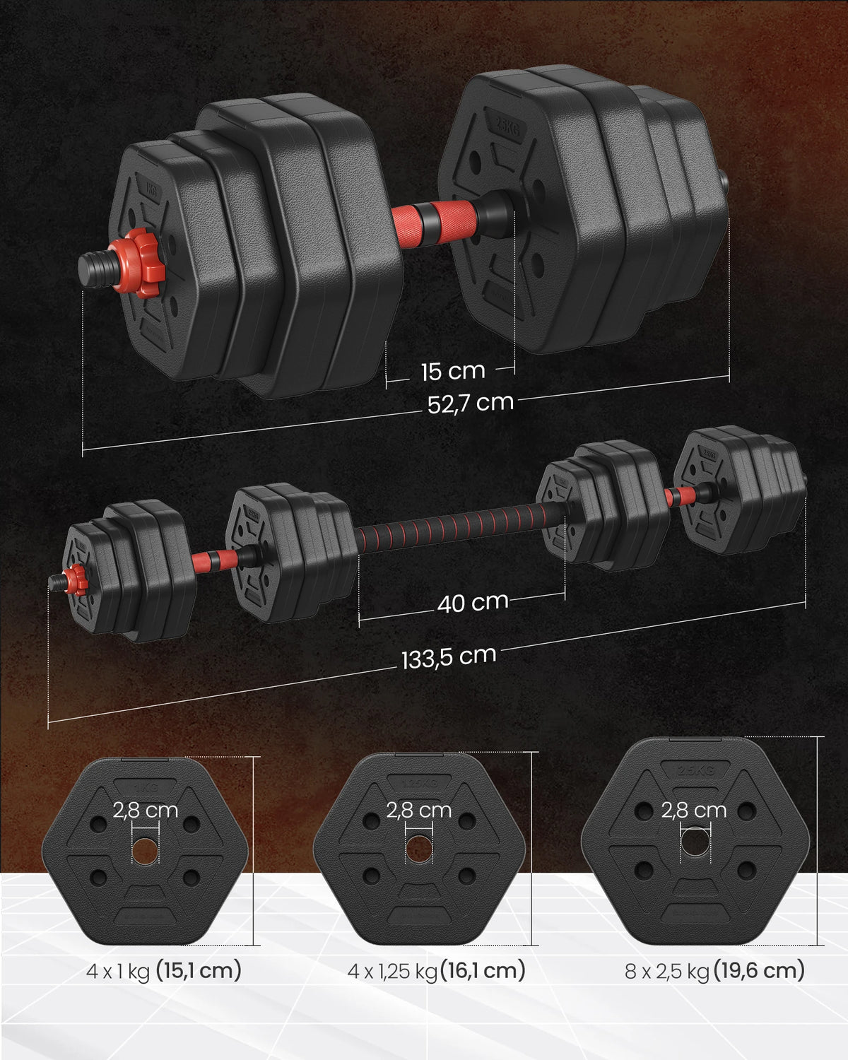 SONGMICS Hexagon Hantelset 30 kg – Kurzhantel, Langhantel & Push-up in einem