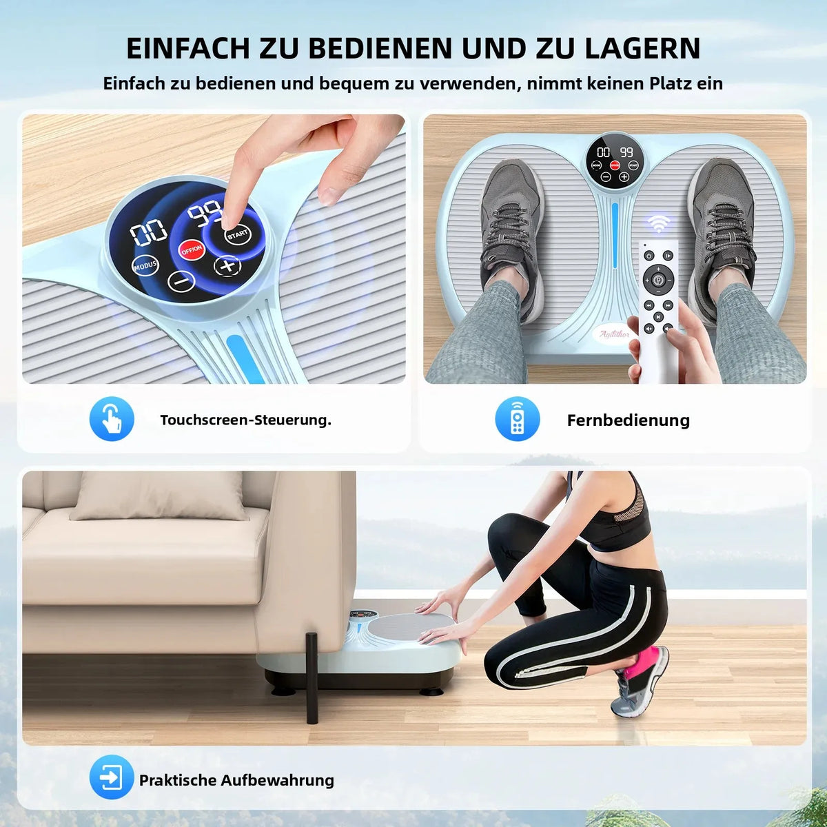 Vibrationsplatte Agilithor – 120 Stufen, Widerstandsbänder, Ganzkörper, Versand aus DE | Thryvo Fitness
