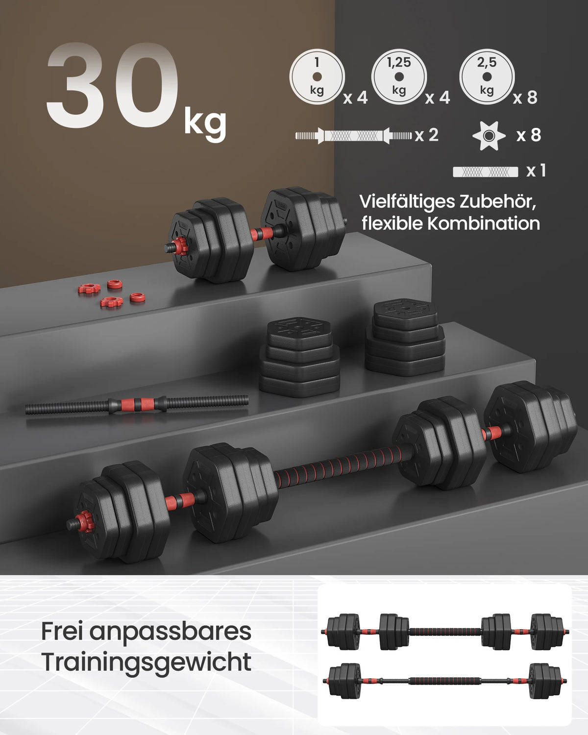 SONGMICS Hexagon Hantelset 30 kg – Kurzhantel, Langhantel & Push-up in einem