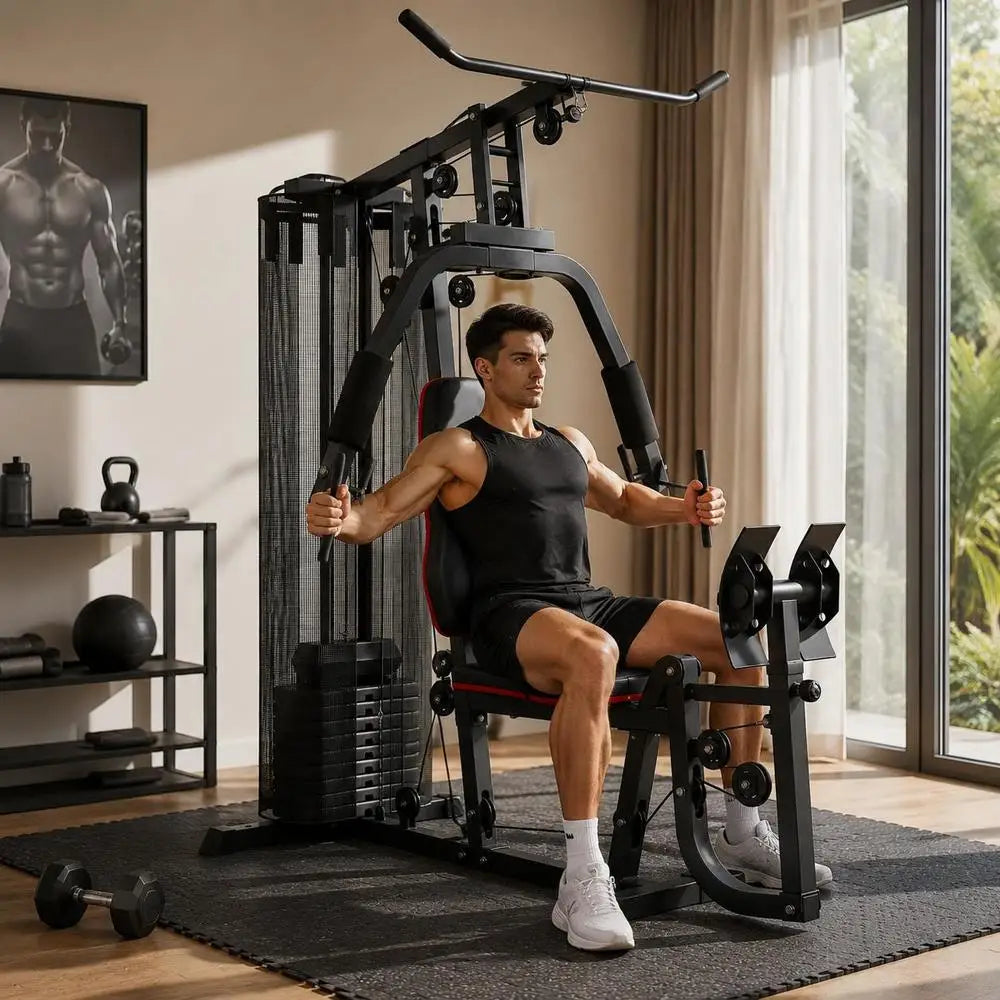 Kraftstation Home Gym – 45 kg Gewichte, Hochzug, Bruststation & Beinpresse | Thryvo Fitness