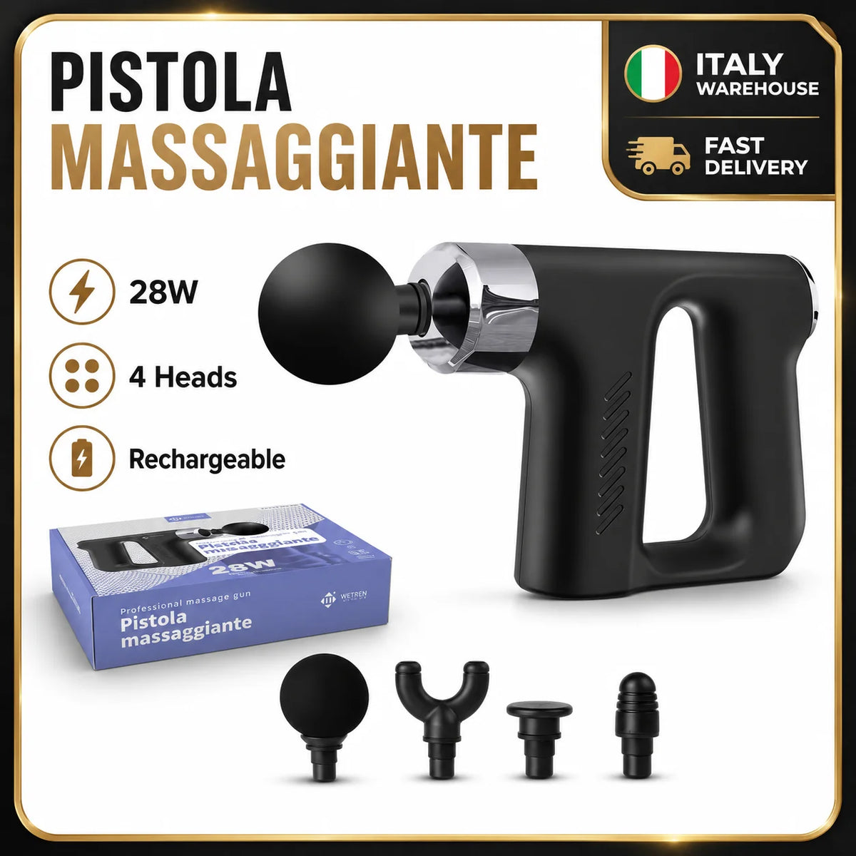 Mini T-Grip Massagepistole – USB, 5 Stufen, 4 Aufsätze, leise & tragbar für Muskelregeneration | Thryvo Fitness