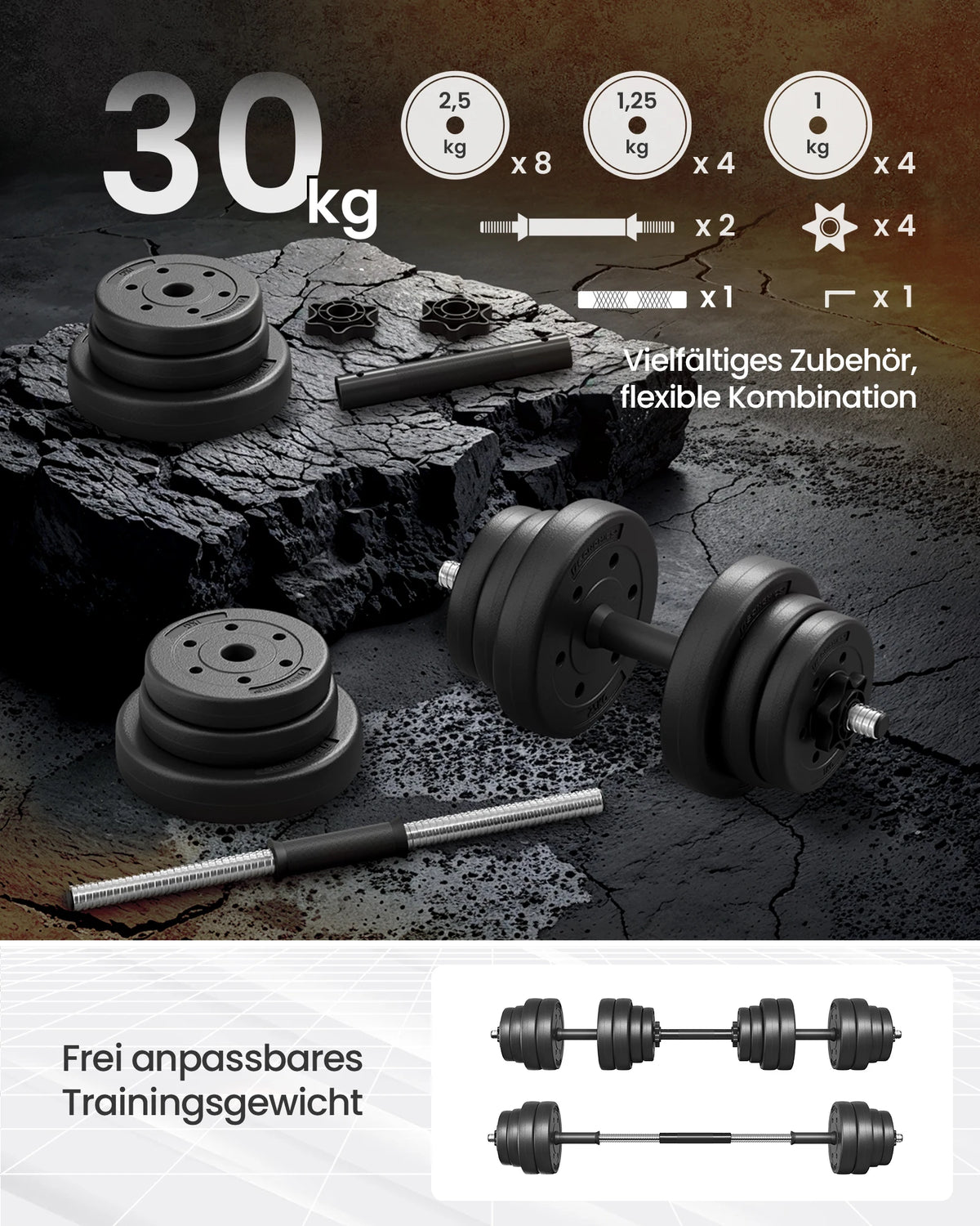 SONGMICS Hantelset 30 kg – Kurzhantel & Langhantel in einem