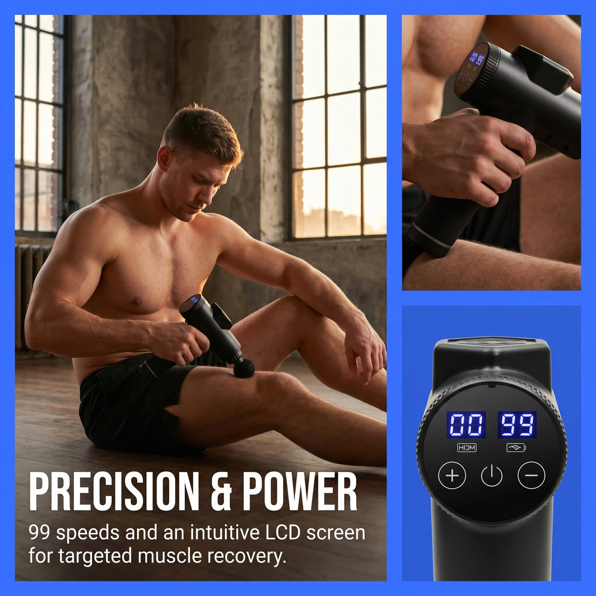 Profi Massagepistole 99 Stufen – 8 Aufsätze, USB-C, 6 Std. Akku, leise für Muskelregeneration | Thryvo Fitness