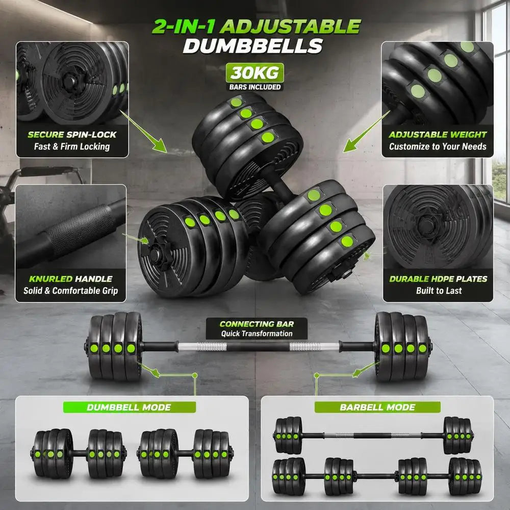 Langhantel Set 30 KG – 2-in-1 Kurzhantel & Langhantel, verstellbar für Home-Gym | Thryvo Fitness