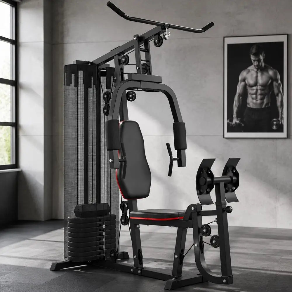 Kraftstation Home Gym – 45 kg Gewichte, Hochzug, Bruststation & Beinpresse | Thryvo Fitness