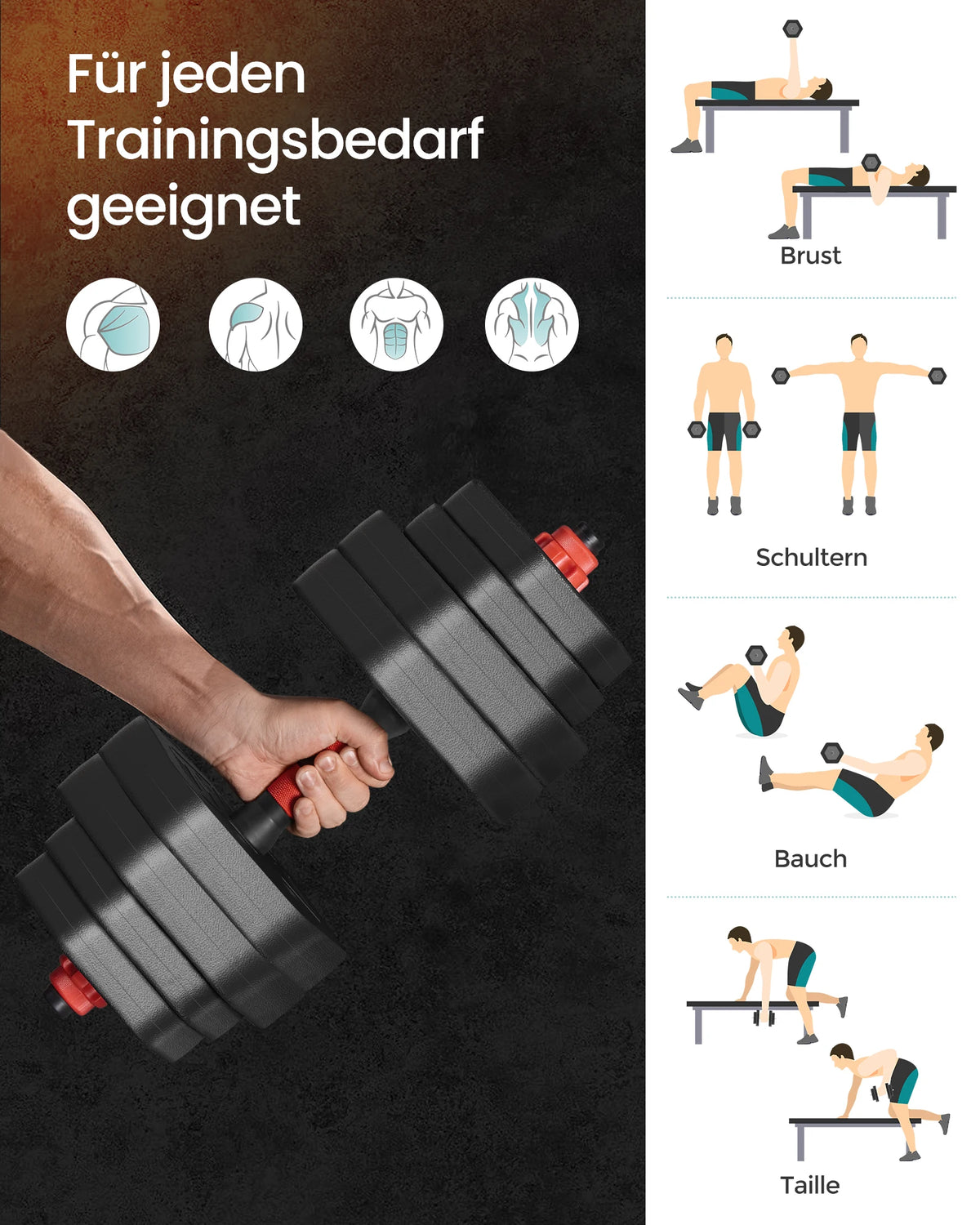 SONGMICS Hexagon Hantelset 30 kg – Kurzhantel, Langhantel & Push-up in einem