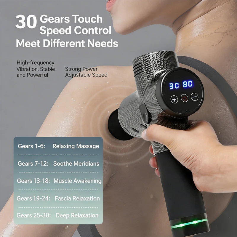 Tiefenmuskelmassagepistole – 30 Stufen, Touchscreen, 6 Aufsätze für Nacken, Rücken & Beine | Thryvo Fitness